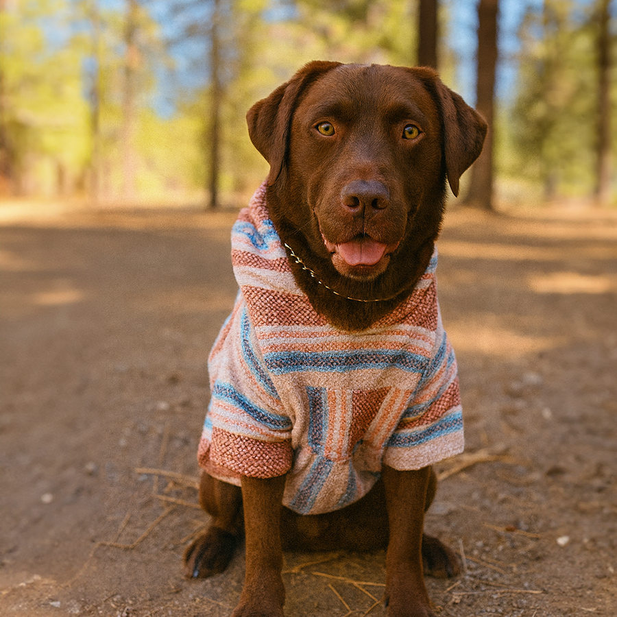 Dog wearing a striped sweater sitting on a dirt path in a forest