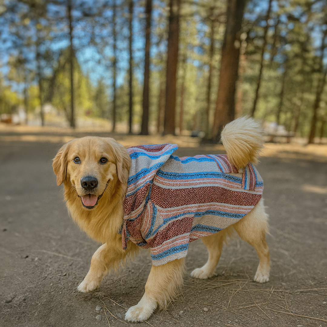 Dog wearing a striped sweater standing on a dirt path with trees in the background